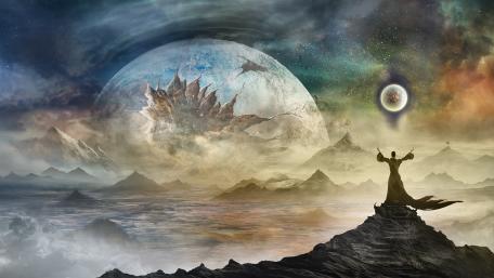 Mystical Wizard Beneath the Moonlit Sky wallpaper