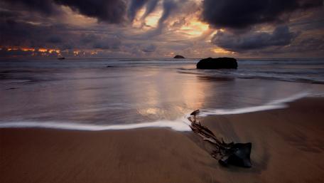 Serene Shoreline Under Dramatic Skies wallpaper