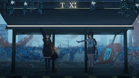 Waiting for a Taxi at an Anime Cab Stand wallpaper
