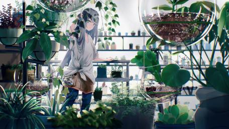 Greenhouse Serenity with Anime Girl wallpaper