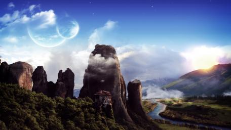 Mystical Peaks Under Celestial Skies wallpaper