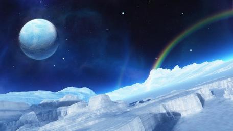 Mystical Ice Planet Under a Vibrant Rainbow wallpaper