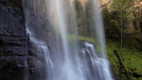 Majestic Waterfall in Serene Forest Landscape wallpaper