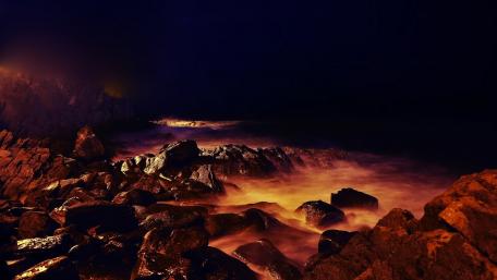 Mysterious Night by the Sea with Misty Rocks wallpaper