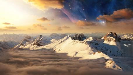Starry sky over the mountains fantasy art wallpaper
