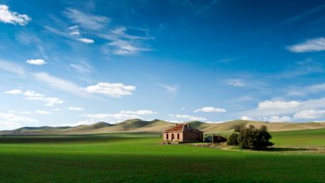 Serene Cottage in a Green Landscape wallpaper