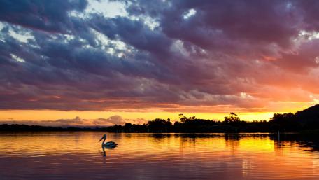Serene Sunset Over Tranquil Lake View wallpaper