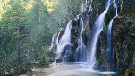 Majestic Waterfall in Lush Forest wallpaper