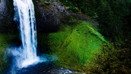 Majestic Waterfall Surrounded by Lush Greenery wallpaper