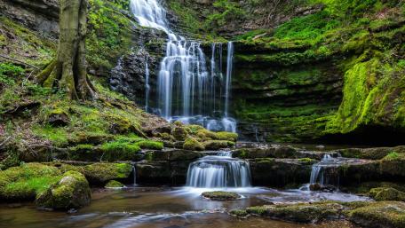 Serenity of the Cascading Waterfall in Nature wallpaper