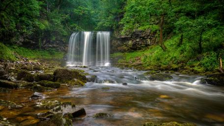 Tranquil Waterfall in Lush Greenery wallpaper