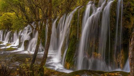 Serene Waterfall Amidst Lush Greenery wallpaper