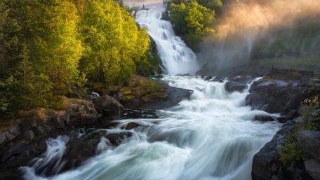 Majestic Waterfall Surrounded by Lush Greenery wallpaper