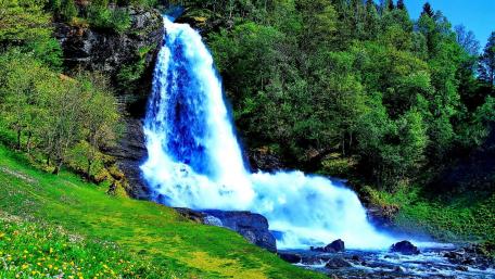 Majestic Waterfall Amidst Lush Greenery wallpaper