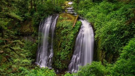 Majestic Waterfall Surrounded by Lush Greenery wallpaper