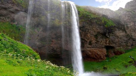 Majestic Waterfall Amidst Lush Greenery wallpaper