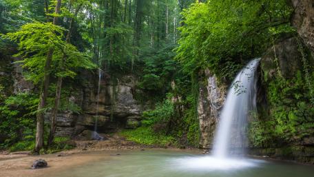 Serene Waterfall in Lush Greenery wallpaper