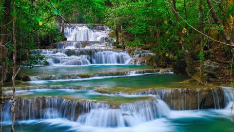 Serene Waterfalls Amid Lush Greenery wallpaper