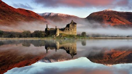 Reflection of Kilchurn Castle in Loch Awe, Highlands, Scotland wallpaper