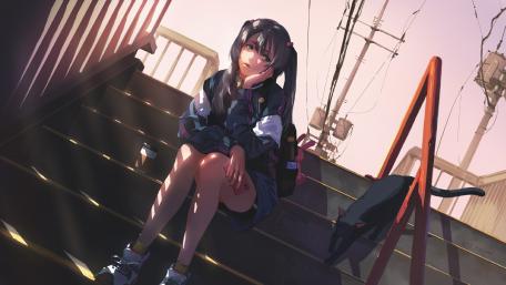 Mysterious Schoolgirl on Staircase wallpaper