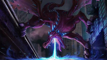 Majestic Dragon Descending upon the City wallpaper