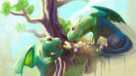 Whimsical Green Dragons in Enchanted Forest wallpaper