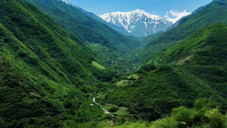 Majestic Green Valleys and Snow-Capped Peaks wallpaper