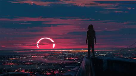 Sunset from above the city digital art wallpaper