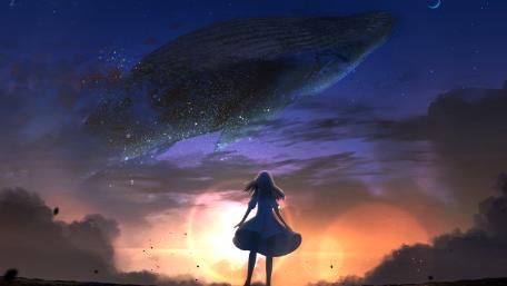 Floating whale in the nigh sky wallpaper