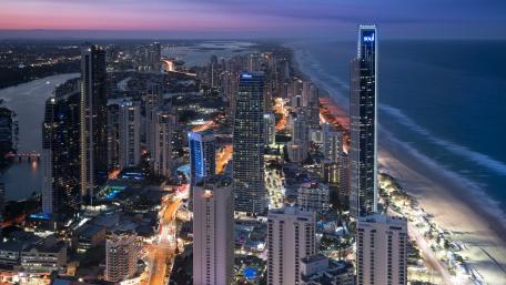 Skyline Serenity at Dusk over Coastal City wallpaper