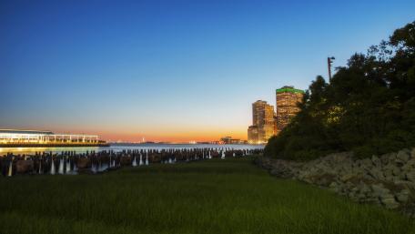 Cityscape at Dusk with Lights and Nature Scene wallpaper