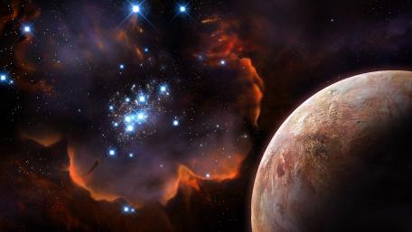 Planetary Wonder Amidst Cosmic Nebulae and Stars wallpaper