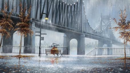 Romantic rainy autumn day painting art wallpaper