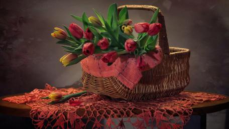 Vibrant Tulips in a Rustic Basket wallpaper