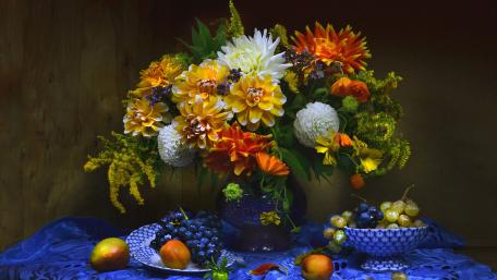 Vibrant Floral Still Life Arrangement with Fruits wallpaper