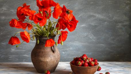Vibrant Poppies and Fresh Strawberries Displayed Together wallpaper
