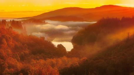 Golden Autumn Mist Over Serene Lake Landscape wallpaper