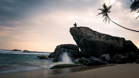 Rocky Tropical Shoreline Bliss with Palm Trees and Ocean Waves wallpaper