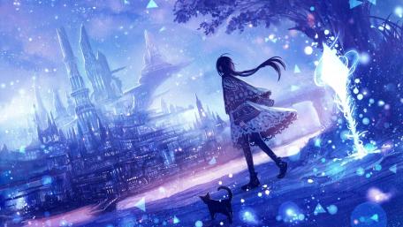 Cute anime girl with a cat in a futuristic city wallpaper