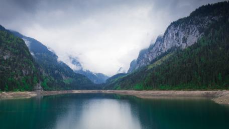 Serene Mountain Lake in Misty Landscape wallpaper
