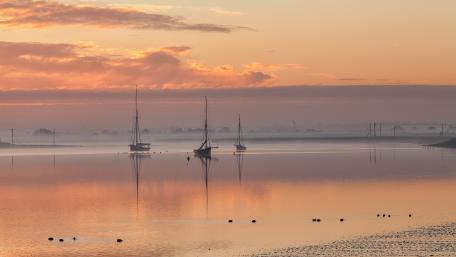 Serene Dawn at the Shore with Sailboats wallpaper