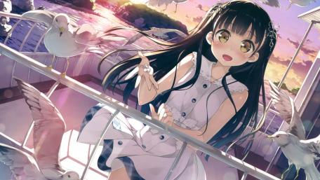 Ethereal Anime Beauty Amidst Twilight Pigeons wallpaper