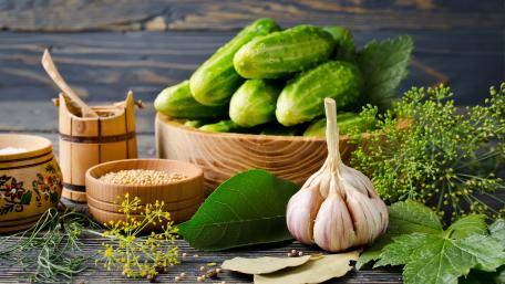 Fresh Cucumbers and Garlic in Rustic Setting wallpaper