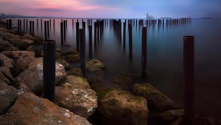 Serene Dusk Over Waterway Stumps wallpaper