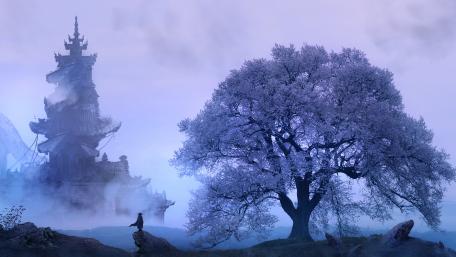 Oriental fantasy spring landscape wallpaper