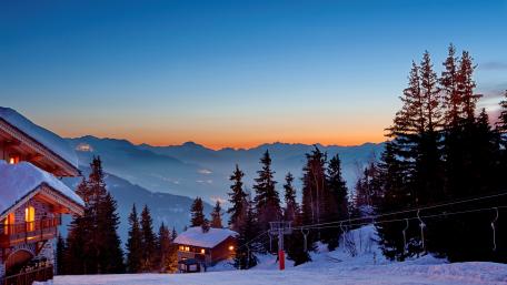 Winter Sunrise Over Snowy Mountains and Cable Car wallpaper