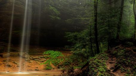 Serenity of Misty Waterfall in Lush Greenery wallpaper