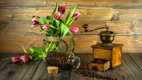 Coffee and Tulips Amidst Rustic Elegance wallpaper