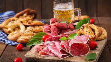 Savory Delights with Beer and Salami Treats wallpaper