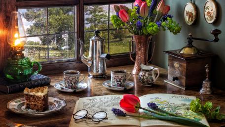 Springtime Serenity with Tulips and Coffee Moments wallpaper
